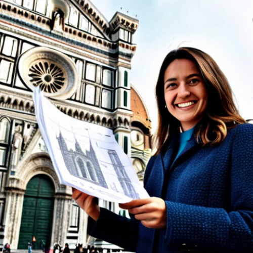 Home 19 **
A professional architect, fully clothed in stylish but modest attire, stands in front of the Duomo in Florence, Italy. She is holding blueprints and smiling confidently. The background showcases the intricate details of the cathedral. Perfect anatomy, correct proportions, natural pose, well-formed hands, proper finger count, natural body proportions, professional, appropriate content, family-friendly, high quality.
**