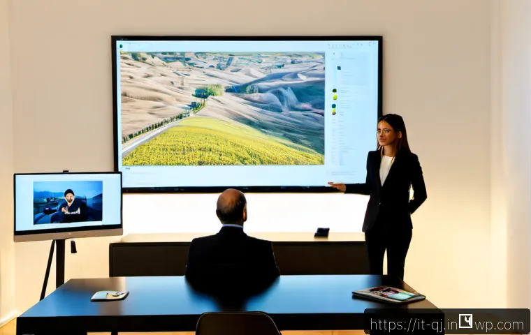 AI 이미지 생성 기술의 평판 관리 - Photorealistic modern Milan creative agency office, Italian communications manager reviewing AI-gene...